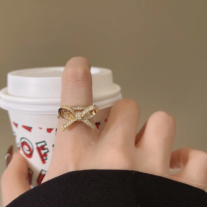 Gorgeous Women's Wedding Gold Rings With Zircon Classic Eternity Engagement Rings Bowknot Jewelry