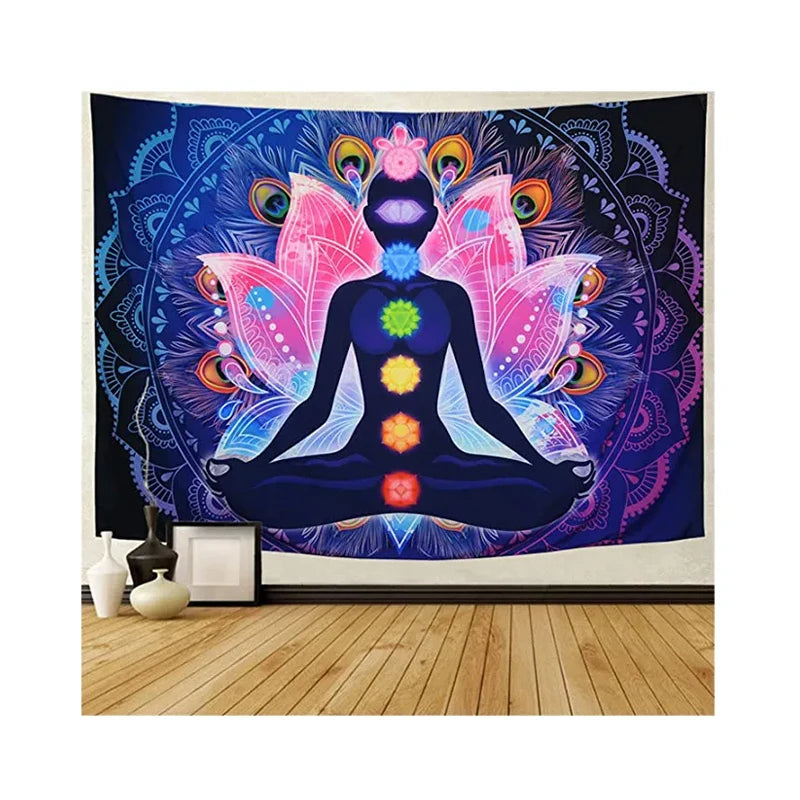 Decorative Digital Printed 100D Polyester Hanging for Studio Room Custom Hindu Hamsa Chakra Tapestry
