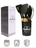 600 Food Grade Silicone Kitchen Utensils 12-Piece Set with Beech Wood Handles & Organizer Bucket for Home Cooking MegaBDM