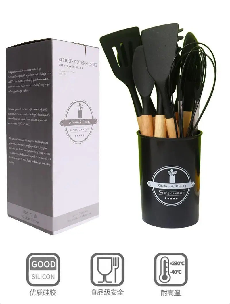 600 Food Grade Silicone Kitchen Utensils 12-Piece Set with Beech Wood Handles & Organizer Bucket for Home Cooking MegaBDM