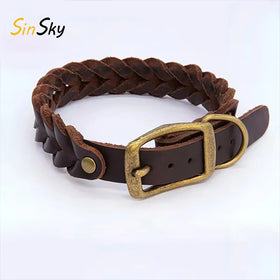 SinSky Popular Weave Leather Heavy Duty Tactical Handmade Leather Braided Pet Luxury Dog Collar Leather