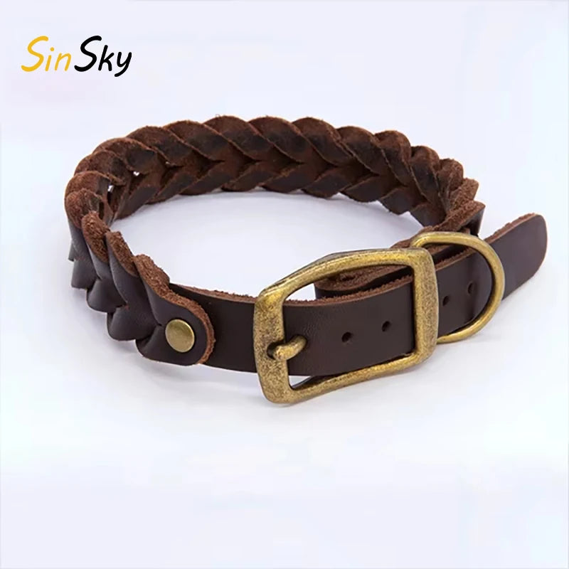 SinSky Popular Weave Leather Heavy Duty Tactical Handmade Leather Braided Pet Luxury Dog Collar Leather