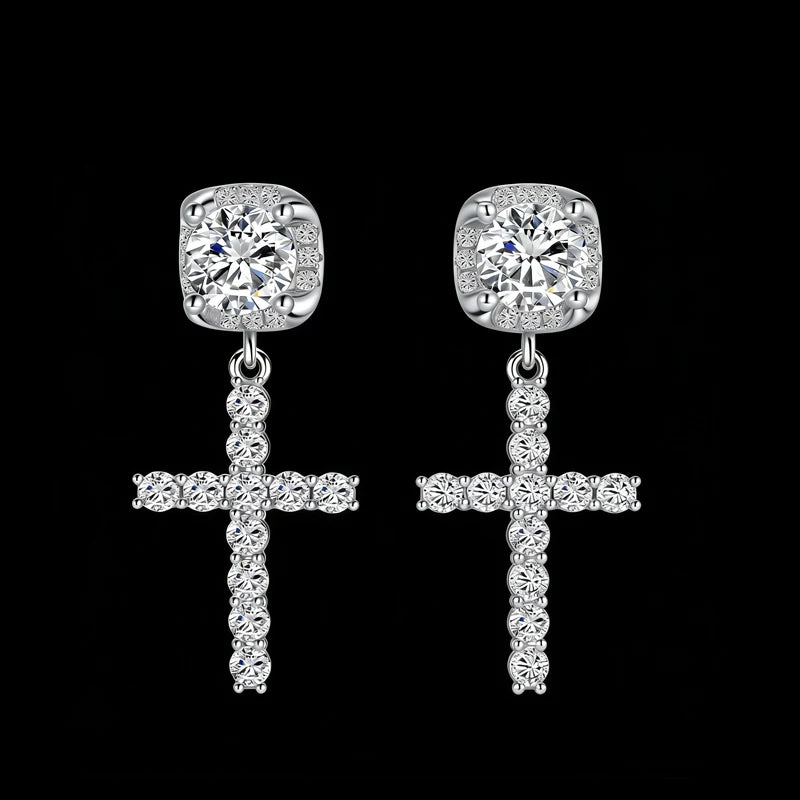 Dazzling Zircon Statement Jewelry 925 Sterling Silver Runway Cross Drop Earrings for Women