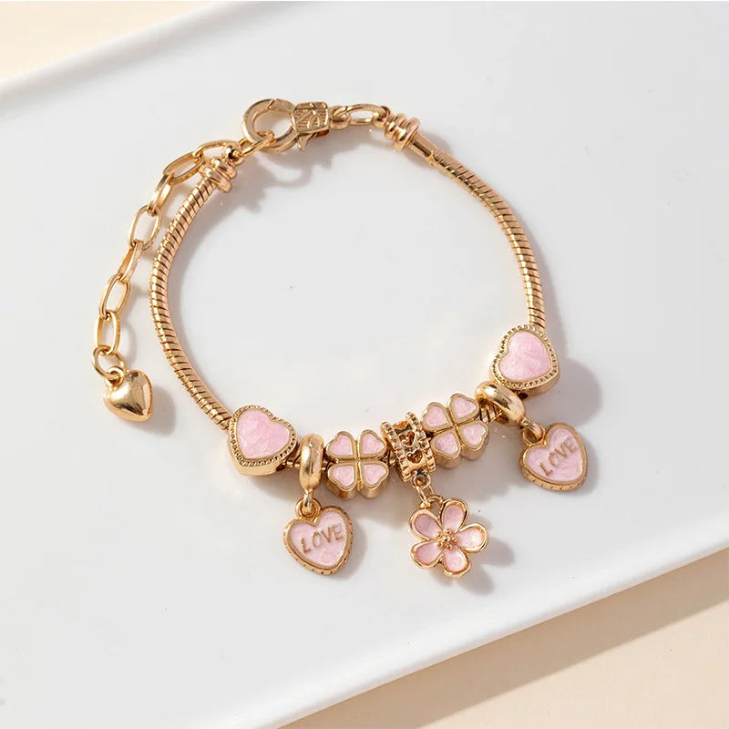 Panjia DIY Beaded Copper Bracelet Cross-Border Ball Pattern Pendant Adjustable Heart-Shaped Petal Love Letter Popular Design