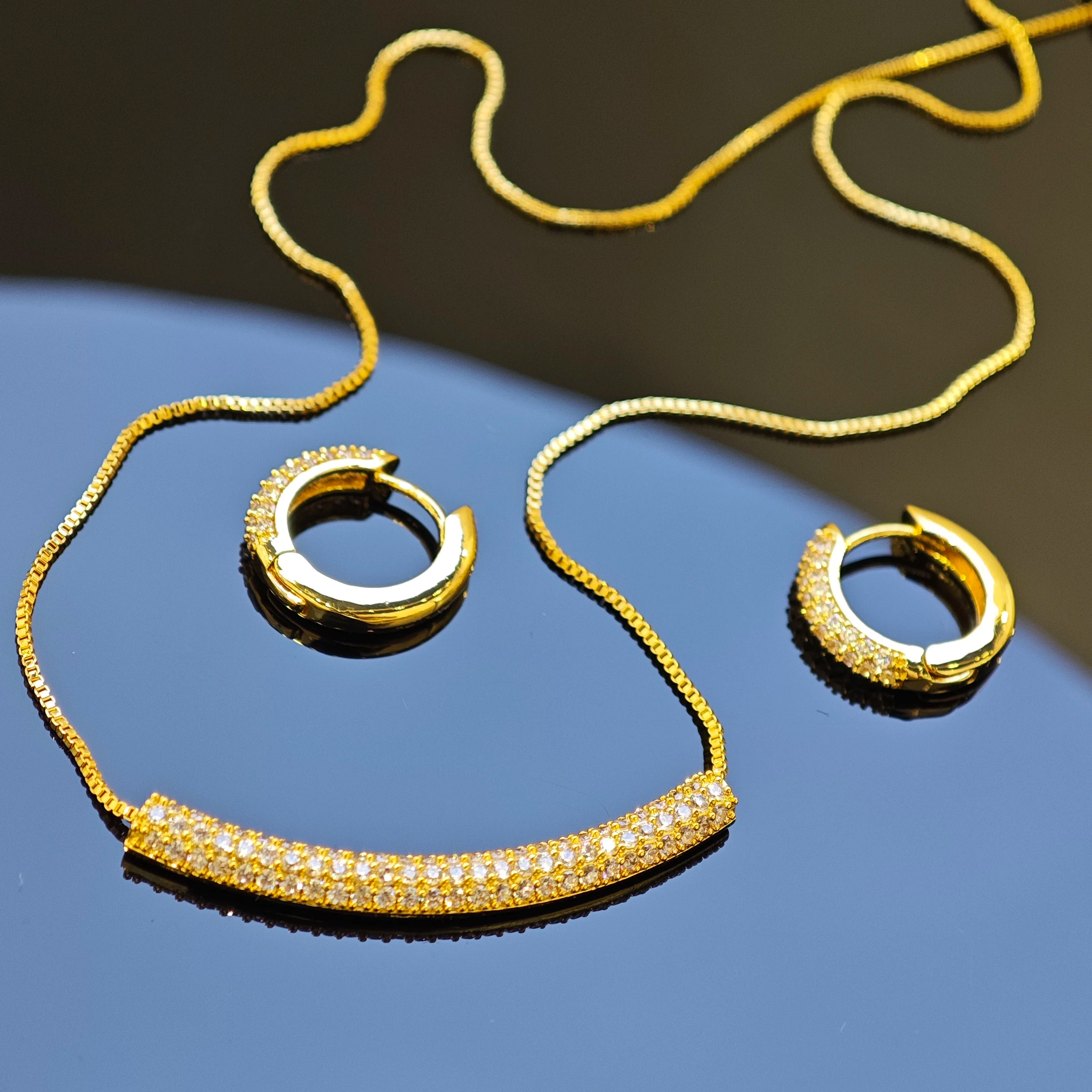 Ilona Minimalist 14k Gold Plated Copper CZ Necklace Huggie Earrings Jewelry Set Sparkly Curved Bar Pendants for Women Daily