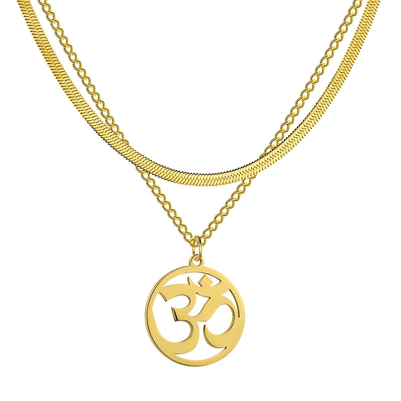 Fashion Women Hollow Out OM Necklace Stainless Steel OM Charm Yoga Style Necklace Gold Plated Snake Chain Multi-Layer Necklace