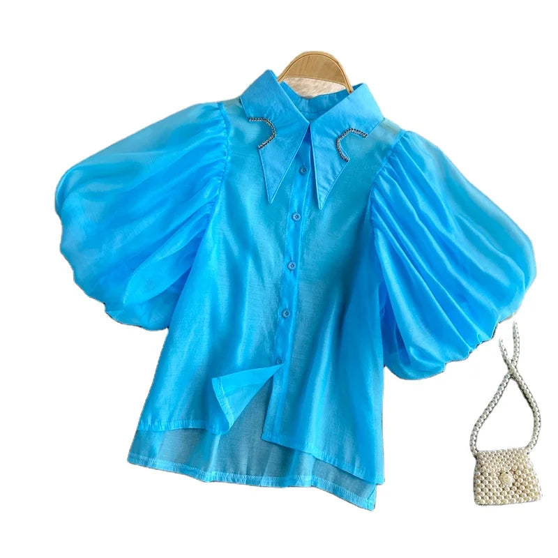 _ Summer Solid Color Korean Version Retro Style Irregular Rhinestone Shirt Lapel Puff Sleeve Shirt Single Breasted Shirt