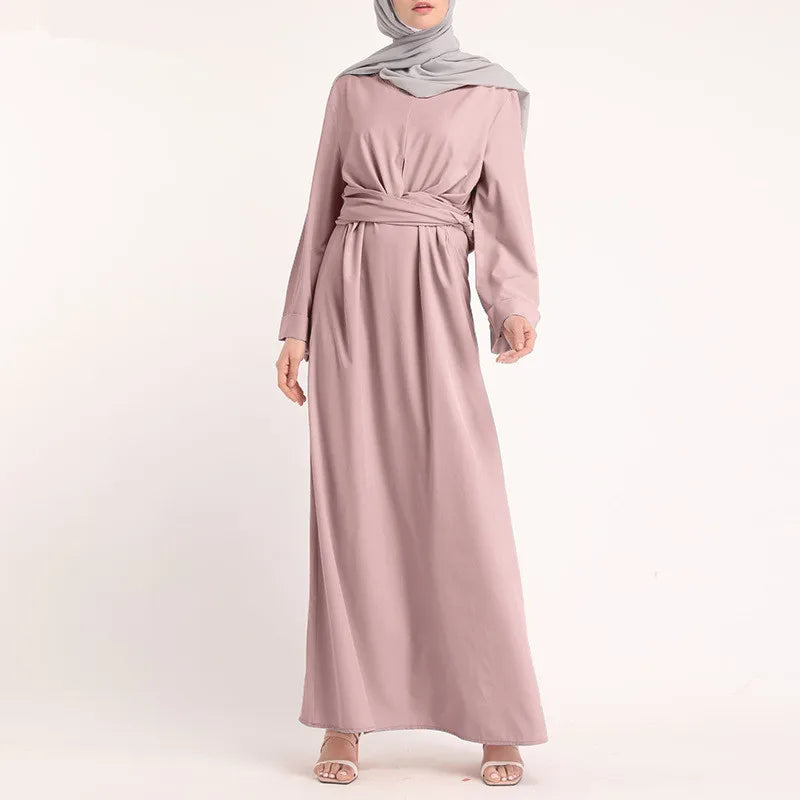 S-3XL Fashion Solid Color Elegant Simple Connection Belt Dress Conservative Muslim Robe Middle Eastern Women's Dress