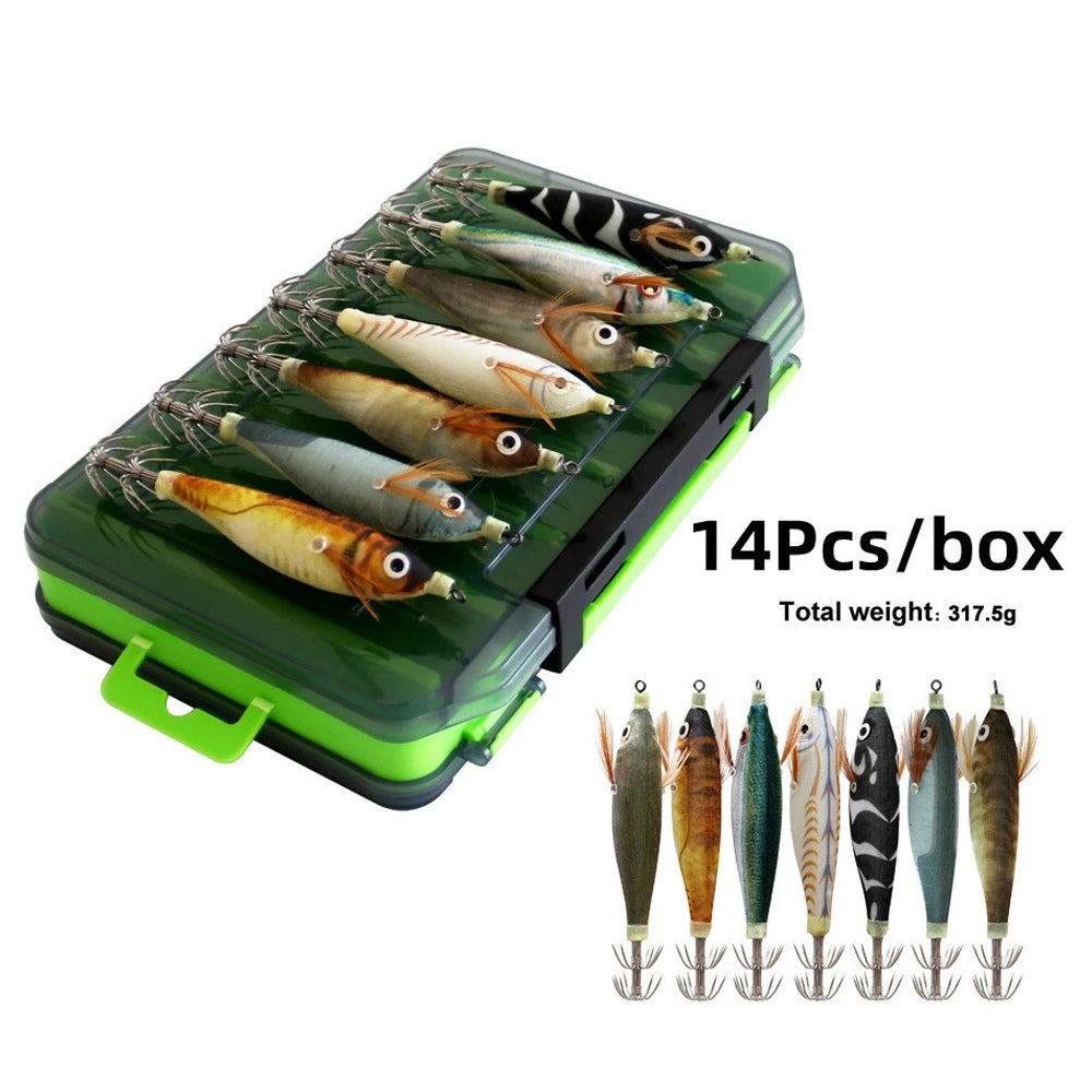 14pcs/set Luminous EGI Squid Jig Hook Wood Shrimp Artificial Octopus Cuttlefish Shrimp Bait Saltwater Hard Fishing Lure