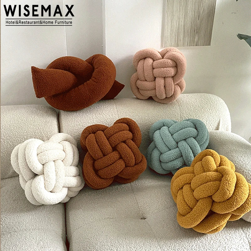 WISEMAX FURNITURE Minimalist Home Decor square Fabric Bed Cushion Woven Knot Design Small Teddy Pillow for Sofa Living Room