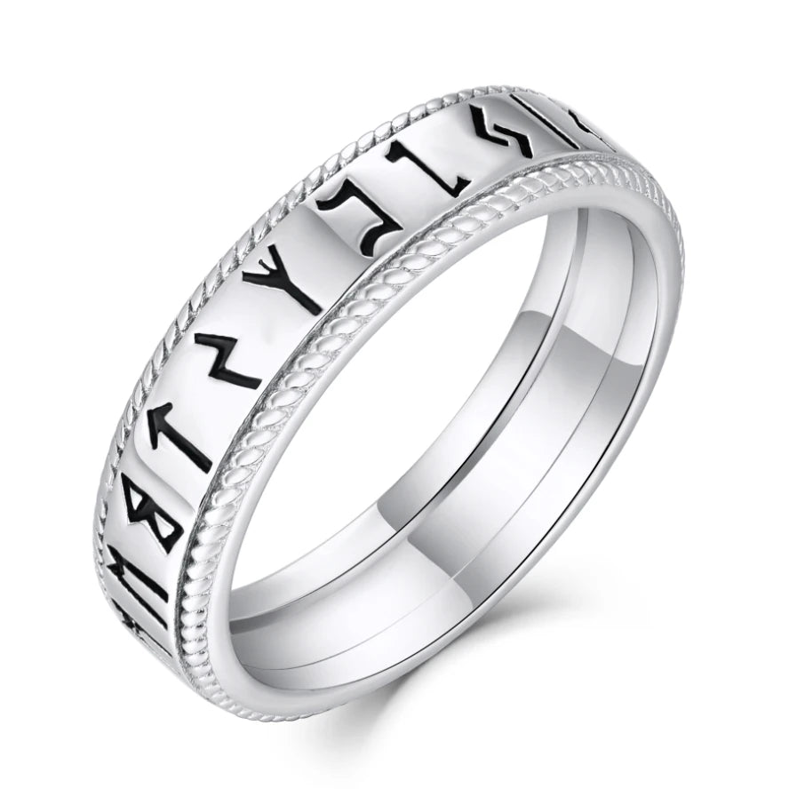 925 Sterling Silver Viking Runes Ring for Men Personalized Norse Alphabet Jewelry with Customizable Engraving Rhodium Plated