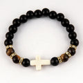 Fashion Simple Bohemia Women Custom Jewelry Stretch 8mm Natural Gemstone Black Agate tiger Eye Elastic Cross Charm Men Bracelet