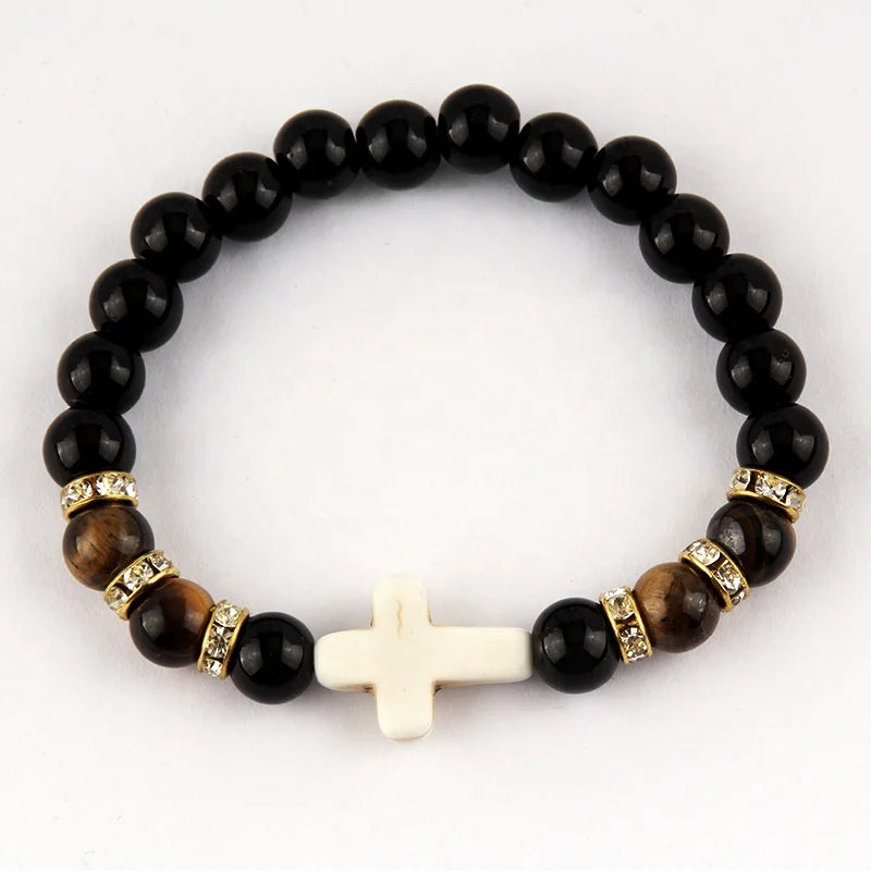 Fashion Simple Bohemia Women Custom Jewelry Stretch 8mm Natural Gemstone Black Agate tiger Eye Elastic Cross Charm Men Bracelet