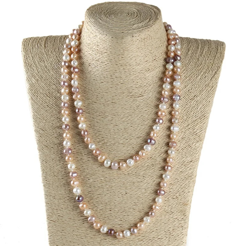 Fashion Long Knotted Pearl Jewelry Handmade Necklace  Color Irregular 7-8mm 120cm Double Wrap Freshwater Pearl Necklace