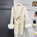 Winter Medium Style Double Faced Women Cashmere Wool Coat With Fox Fur Cuffs
