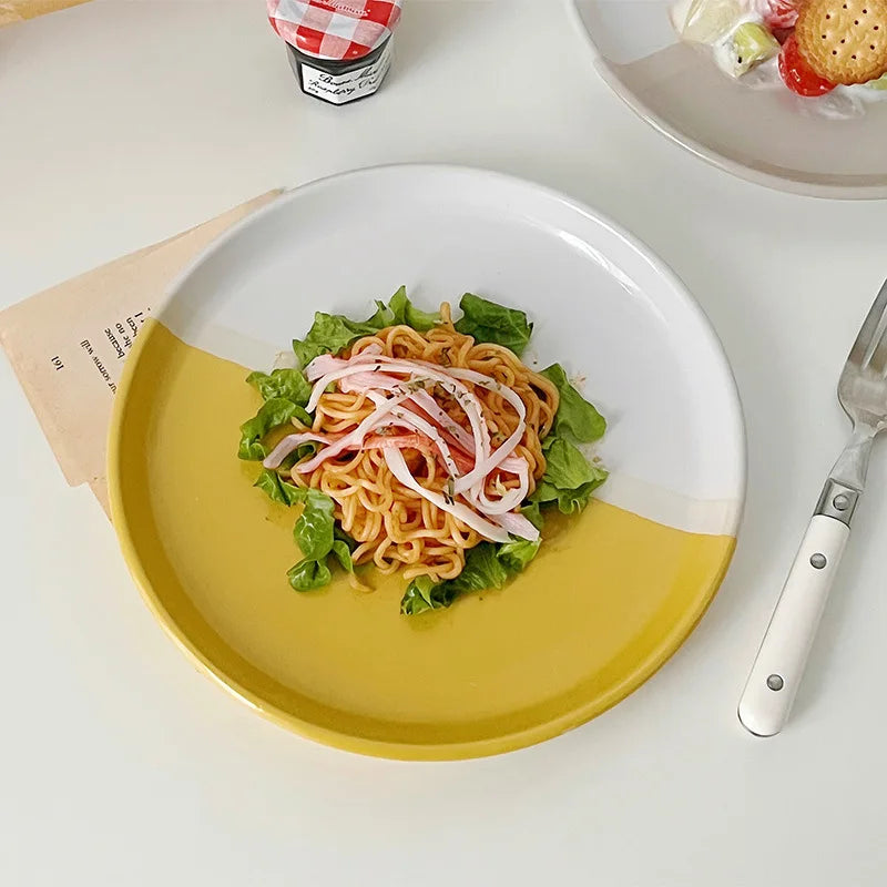 INS Yellow and White Contrast Color Ceramic Plate Simple Khaki Dessert Western Plate