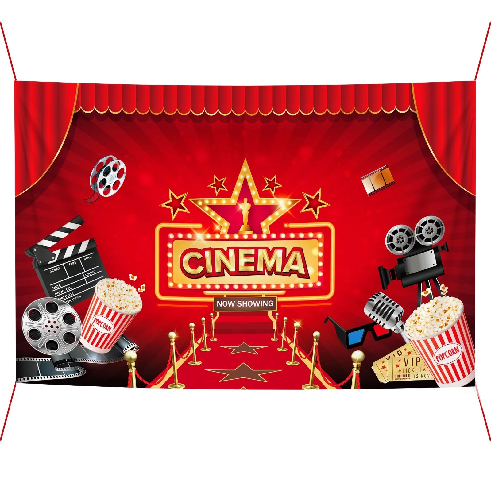 Huancai Cinema Party Backdrop Now Showing Popcorn Photo Booth Banner Photograph Background for Movie Night Party Decorations