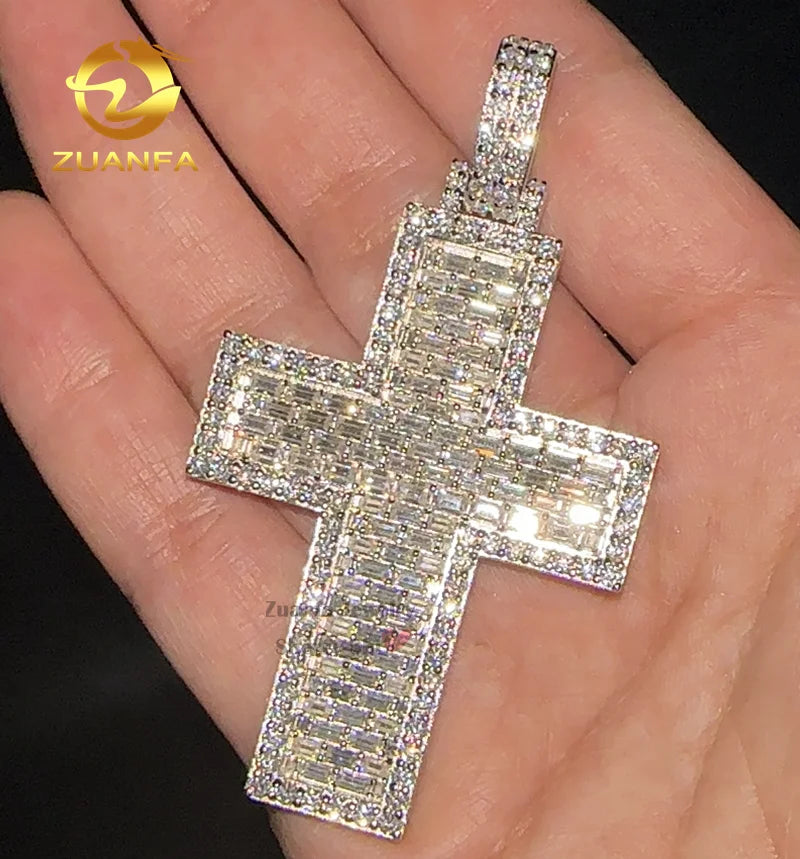 Zuanfa Religious Jewelry Solid Silver Iced Out VVS Gra Baguette Moissanite Diamond Cross Pendant