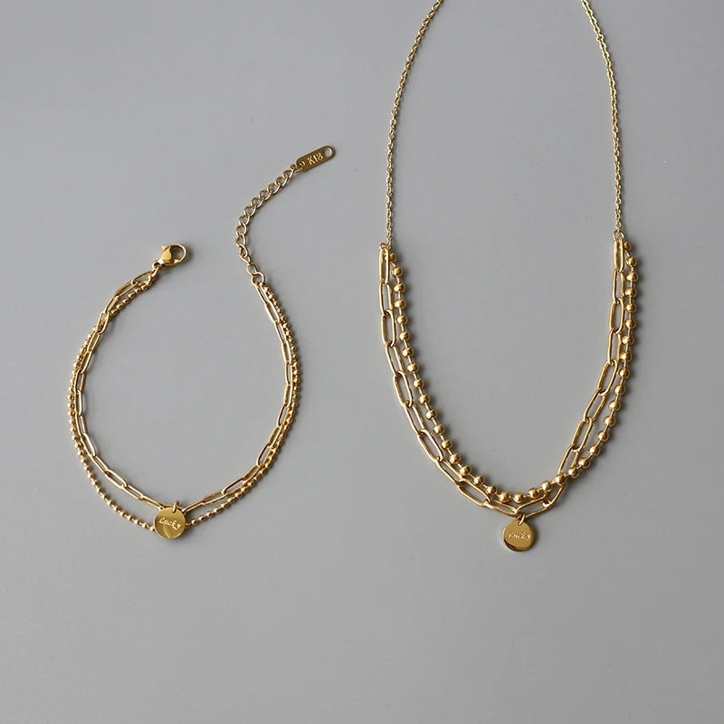 Double Layer Bead Paperclip Chains 18k Gold Stainless Steel  Clavicle Necklace Lucky Disc Jewelry Sets