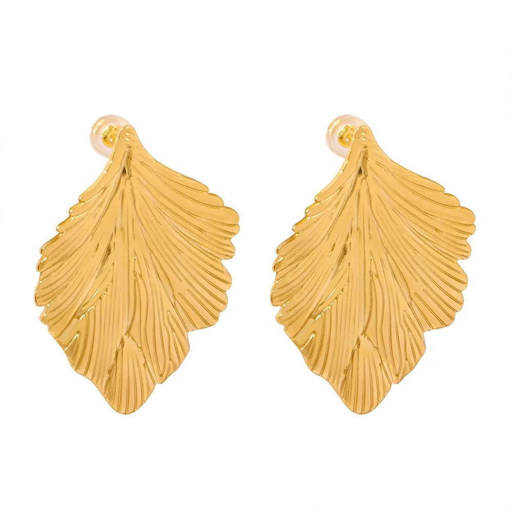 Fancy Earrings Wholesale Bulk 18k PVD Gold Plated Leaf Texture Titanium Earrings Retro Chic Big Hypoallergenic Stud Earrings