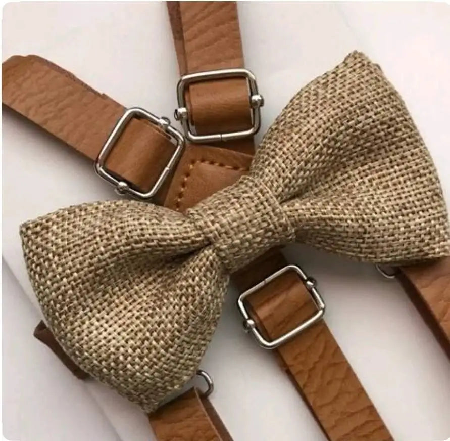 Fashion Handmade Bow Ties for Gentleman Wedding Straw Bow Tie With Leather Suspenders
