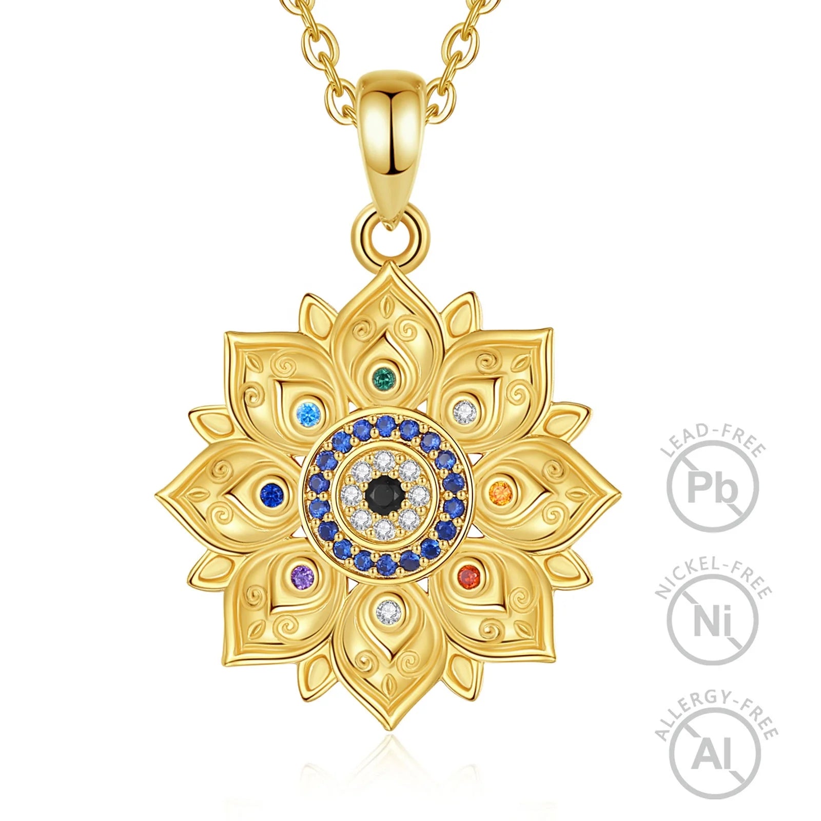 Colorful Cubic Zirconia Jewelry 925 Sterling Silver 18K Gold Plated Devil Eye Lotus Flower Pendant Necklace for Women or Men