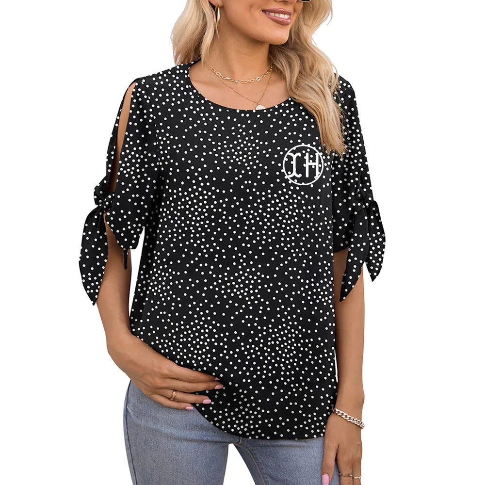 Customizable Vintage Breathable Women's Oversize Dot Printed Chiffon Blouse Crew Neck Half Slit Lace-Up Sleeves Casual Loose Fit