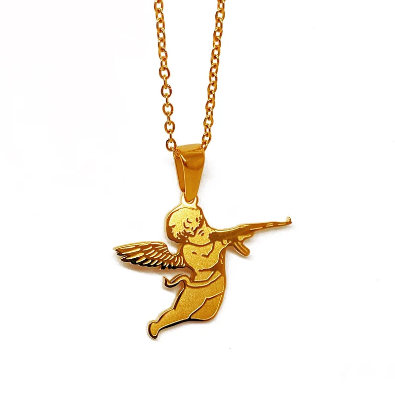 New Arrival Angel Necklaces Delicate Cupid Revenge Angel Pendant Stainless Steel Gold Angel with Gun Pendant Necklace Women Men