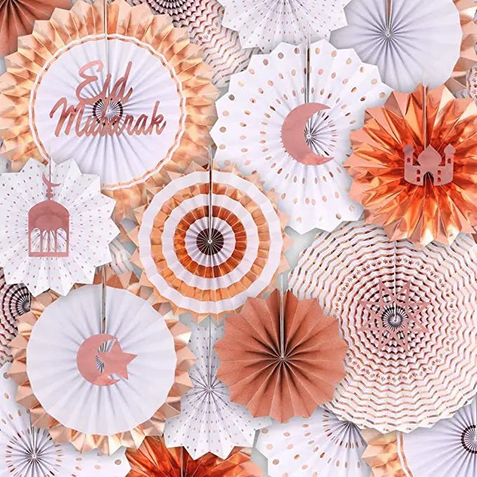 Muslim Islamic Eid and Ramadan Party Decoration Rose Gold Color DIY Ramadan Mubarak Paper Fan with Moon Letter Decorations