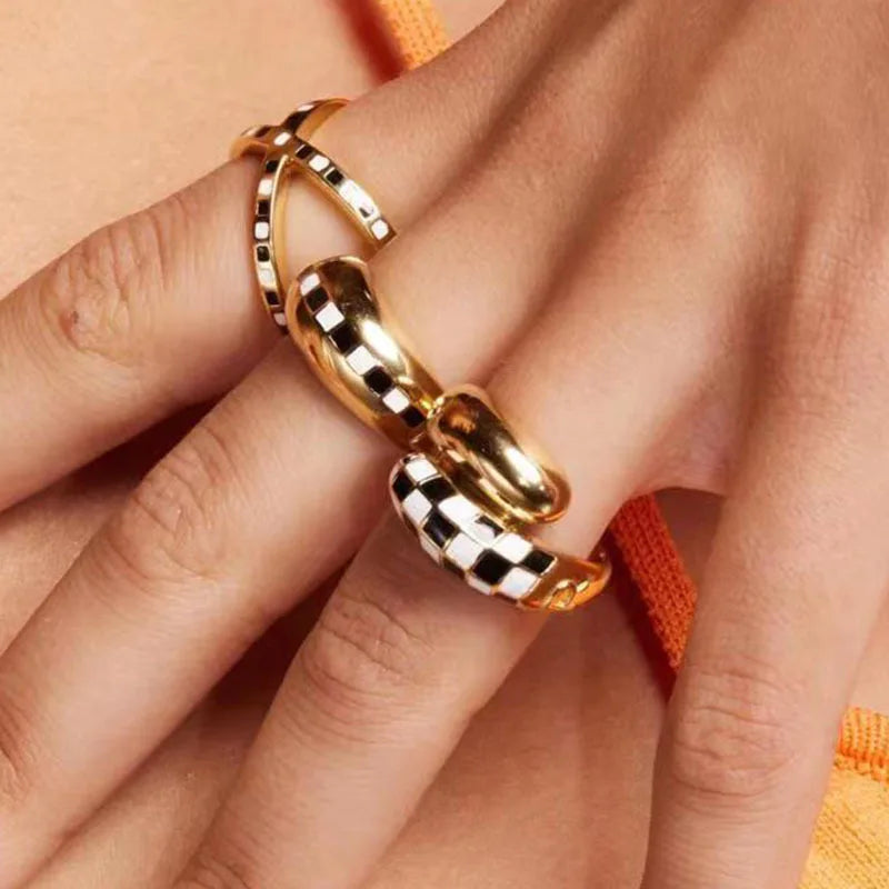 Joolim Jewelry Wholesale 18K Gold Plated Black White Plaid Binding Stainless Steel Rings for Women