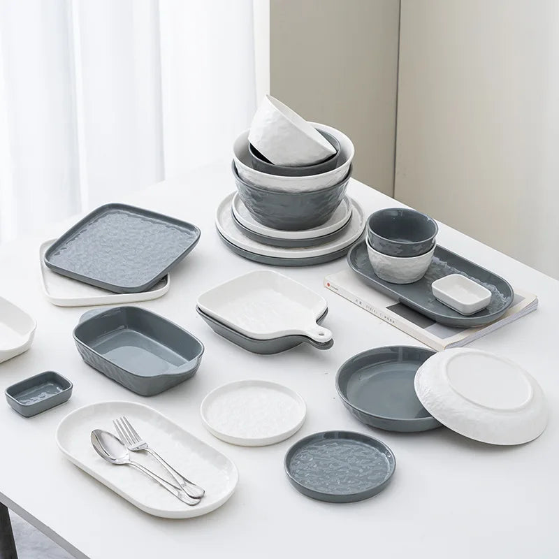Nordic White Gray Ceramic Bowl and Plate Set Wedding Banquet Party Hotel Restaurant Pasta Steak Dinnerware Tableware Set