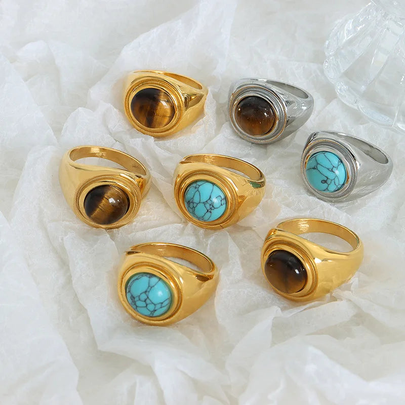 Vintage Natural Stone Gemstone Ring 18k Gold Plated Stainless Steel Turquoise Tiger Eye Ring Bague Acier Inoxydable Nouveau