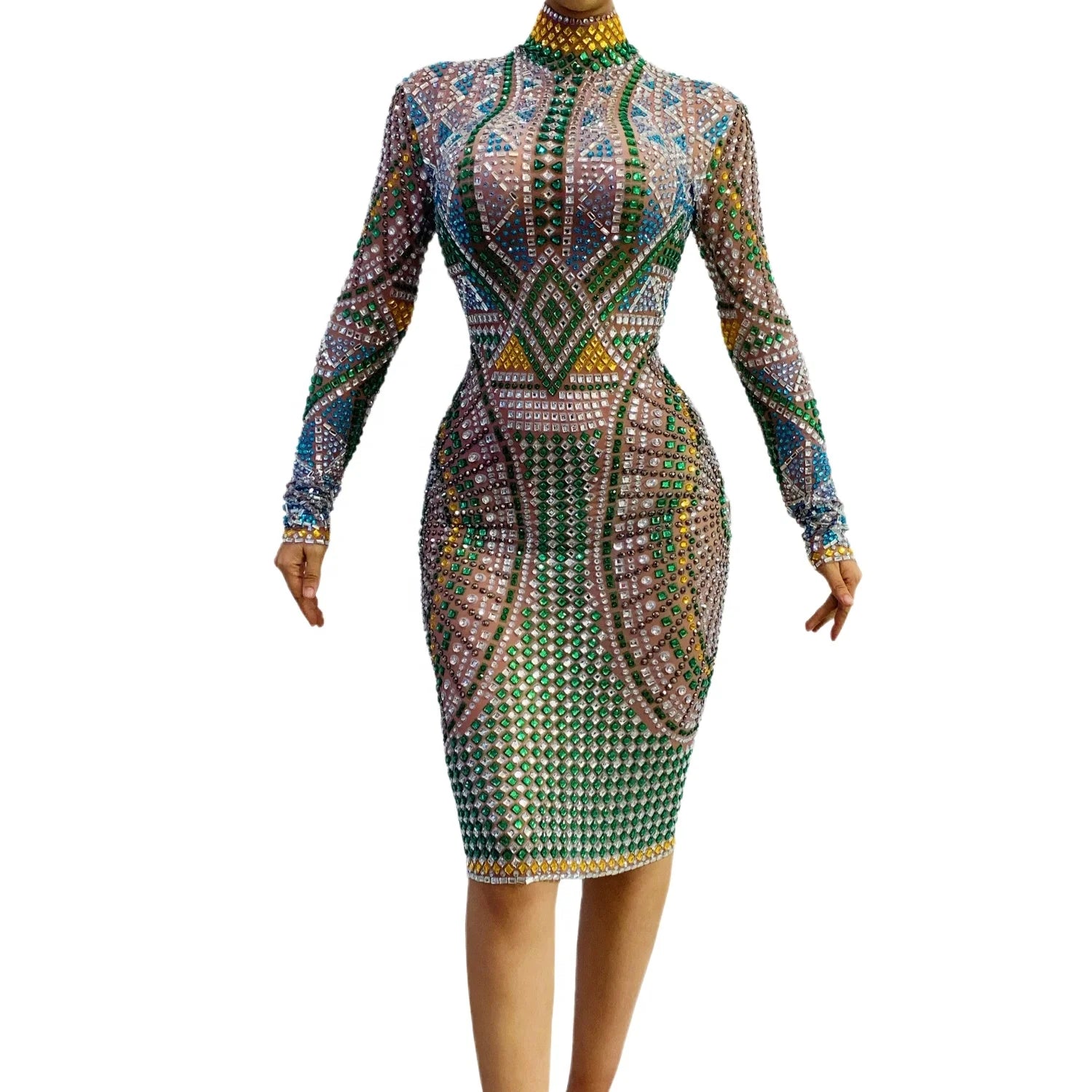 Sexy African Colorful Rhinestone Slim Fit Birthday Wedding Ball Hip Wrapped Dress Cocktail Club Dress Women Formal Prom Dress