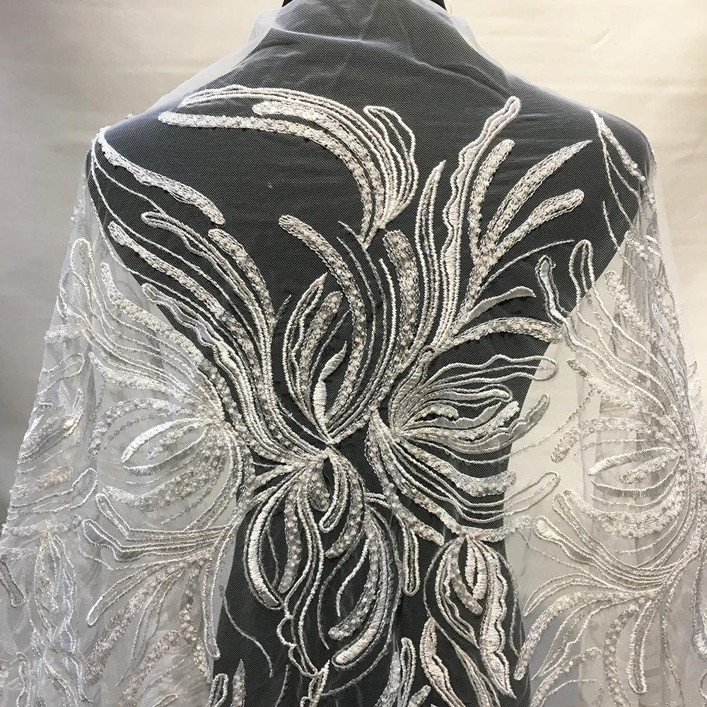 White French Net Lace Fabric Embroidery With Sequins 3D Handmade Beaded Lace Fabric for Evening Dress