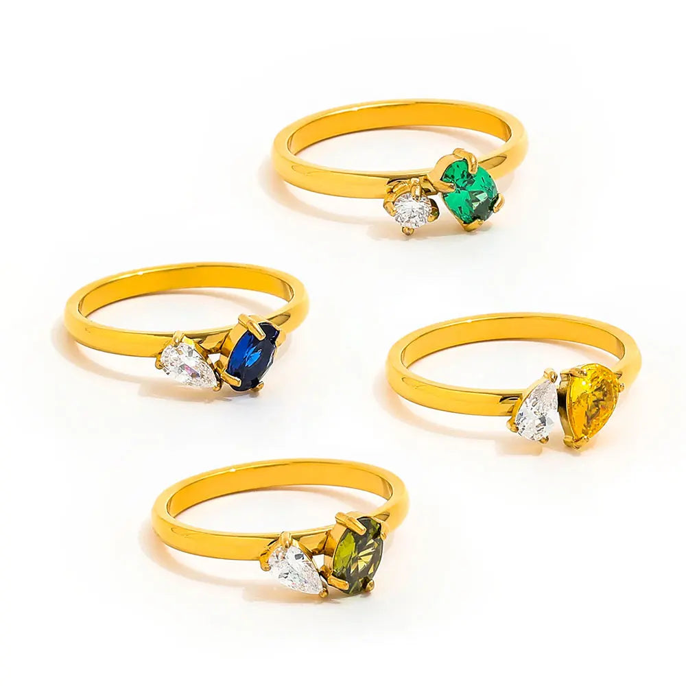 Joolim Women's Dainty Colorful Water Drop Double Zirconia Ring 18K Gold Plated Stainless Steel Jewelry Wholesale Non-Tarnish MegaBDM