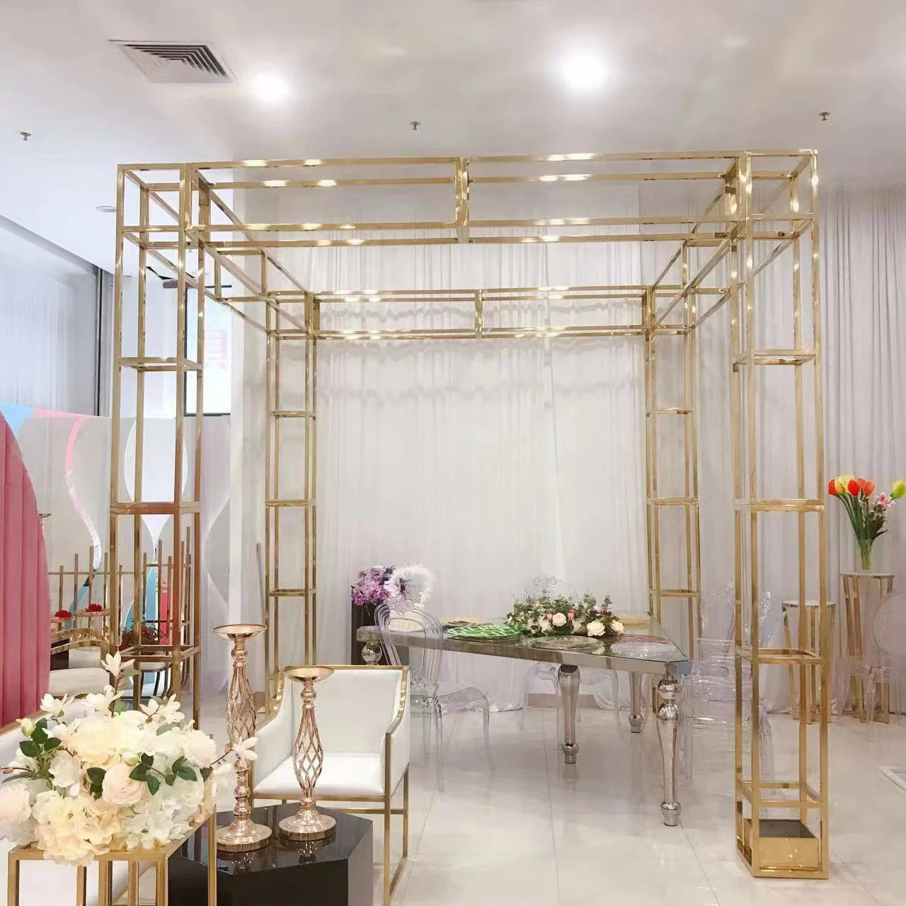 New Stainless Steel Gold Column Chuppah Gazebo Wedding Decor Backdrop Metal Sage Stand