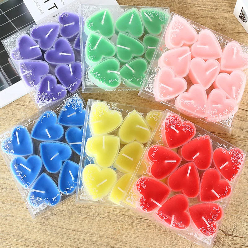 9 Pcs Pack Romantic Colorful Small Heart Shape Smoke-less Unscented Tea Light Candles Love Propose Paraffin Wax Tea Candle
