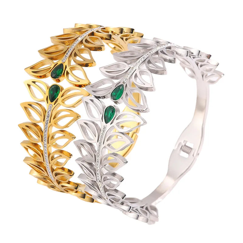 Hot Selling Fashion Jewelry Set Two Row of Leaves Bridal Vintage and Hyperbole 18K Gold Ring Zircon Bracelet Set