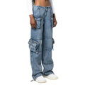 TWOTWINSTYLE Patchwork Multiple Pockets High Waist Wide Leg Blue Jeans Pants for Women