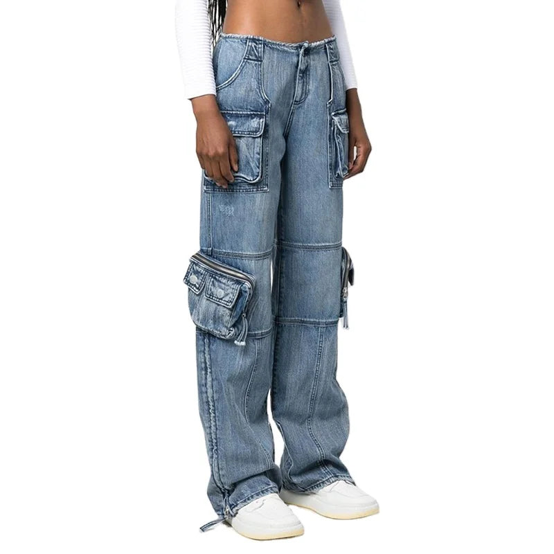 TWOTWINSTYLE Patchwork Multiple Pockets High Waist Wide Leg Blue Jeans Pants for Women