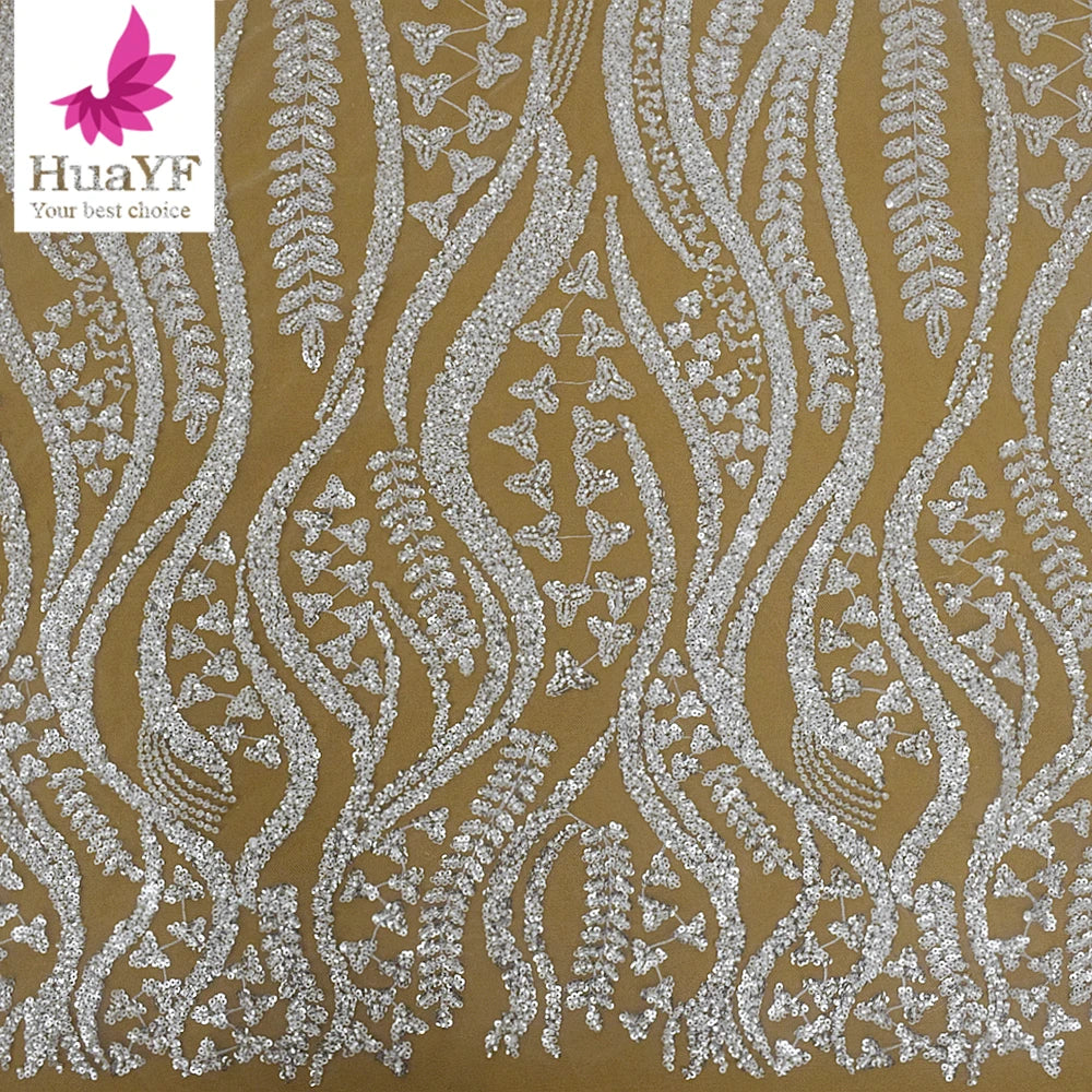 HY2293-4 Hot Selling White African Beaded Sequins Mesh Bridal Lace Wedding Dress Fabric