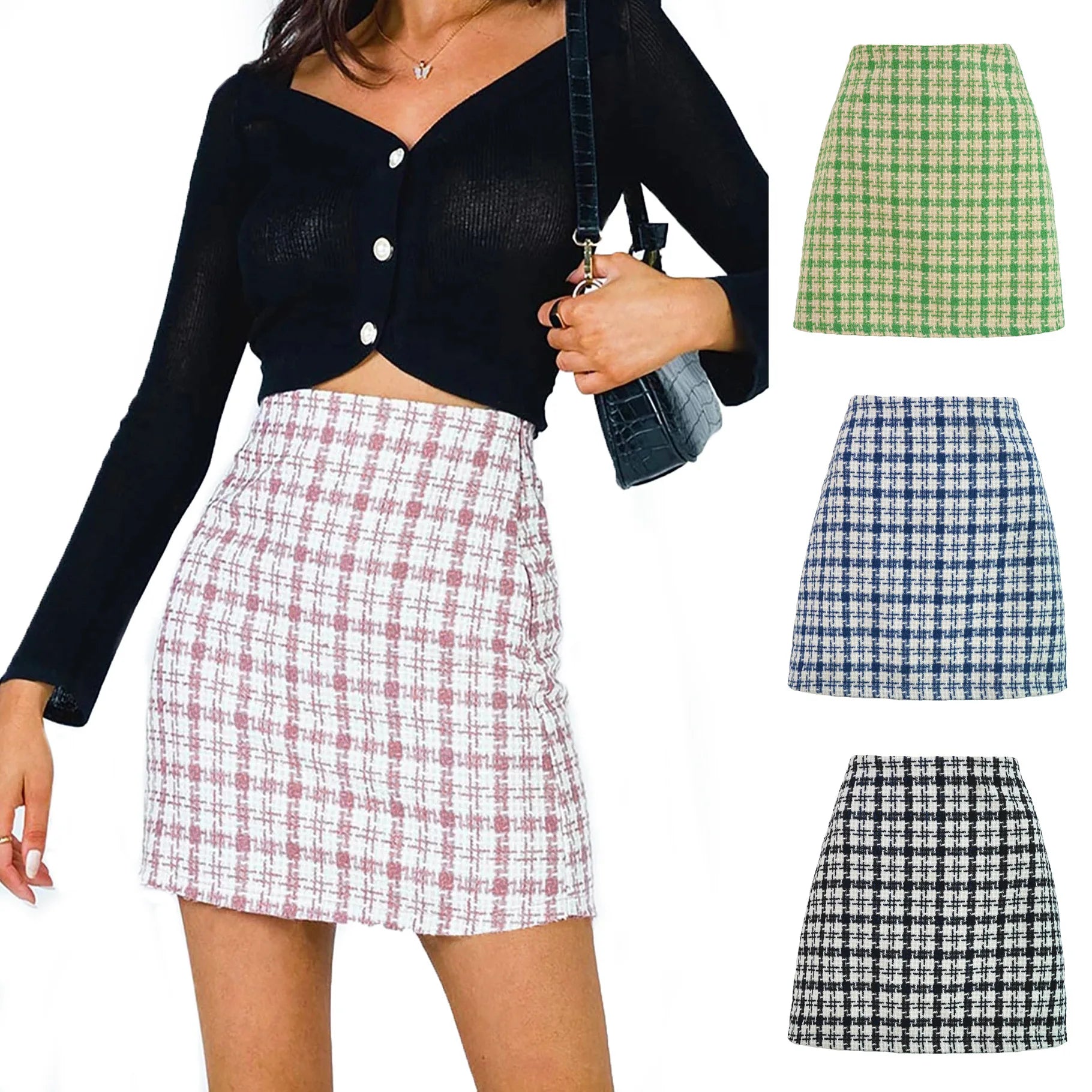 Fashion Woolen High Waist Skirt Vintage A-line Skirt Women Plaid Mini Skirt Elegant Plaid Mini Dress