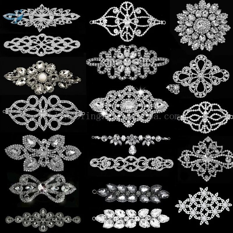 Custom New Style Crystal Patch Trim Silver Rhinestone Diamante Sew on Applique for Wedding Dress Belt