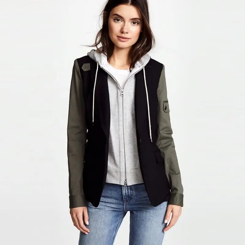 Hot Selling Black Melange Women's Blazers Plus Size Zipper Hoodie Jacket Patch Work Cotton Canvas Fleece Inspired French Girls