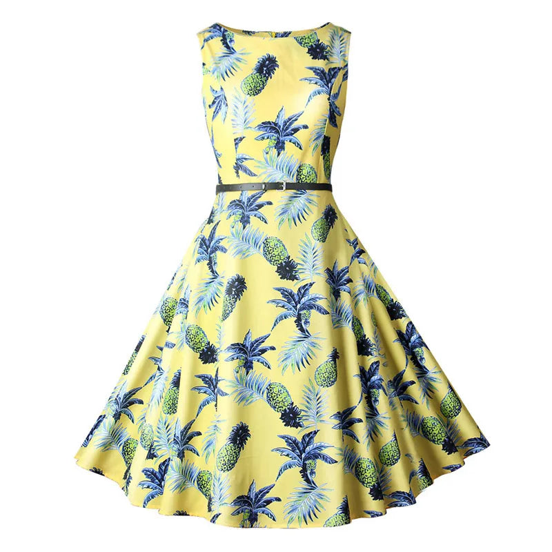 Summer Vintage Woman Clothes Print Large Swing Dress for Woman Lady Elegant Sleeveless High Waist Casual Dress