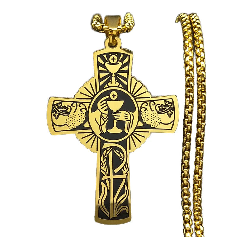 Men's Women's Stainless Steel Cross Pendant Necklace Exquisite Christian Eucharistic Halo Zircon Catholic Holy Spirit Church