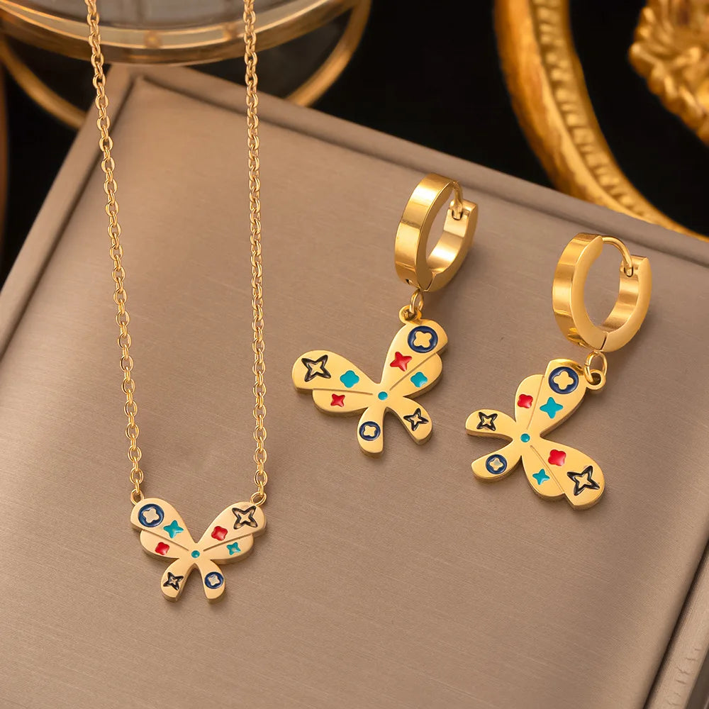 2023 New Women Jewelry Set Stainless Steel Colorful Butterfly Necklace Earrings Set