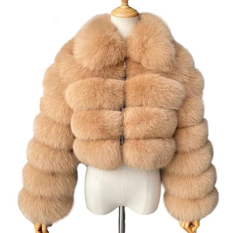 New Arrival Women's Winter Coat Vintage Short Style Luxury Faux Cropped Fox Fur Jacket Black Color MegaBDM