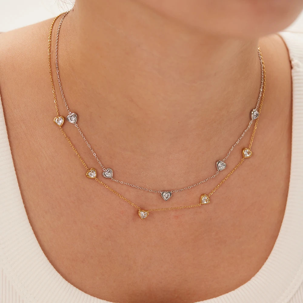 Chris Titanium Steel PVD Plating 5PCS Cubic Zircon Heart Pendant Charms Choker Necklace for Women