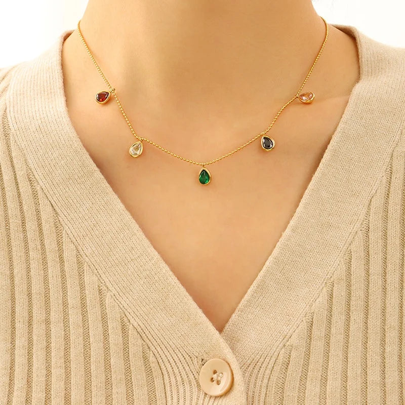 18K Gold Plated Stainless Steel 12 Month Birthstone Colorful Waterdrop Cubic Zircon Pendant Necklace